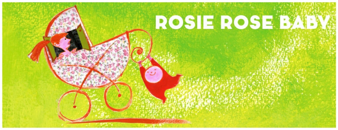spectacle pour les touts petits Rosie Rose Baby dessin d'un bébé poussant un landau avec la maman dedans fond vert pomme joyeux et frais