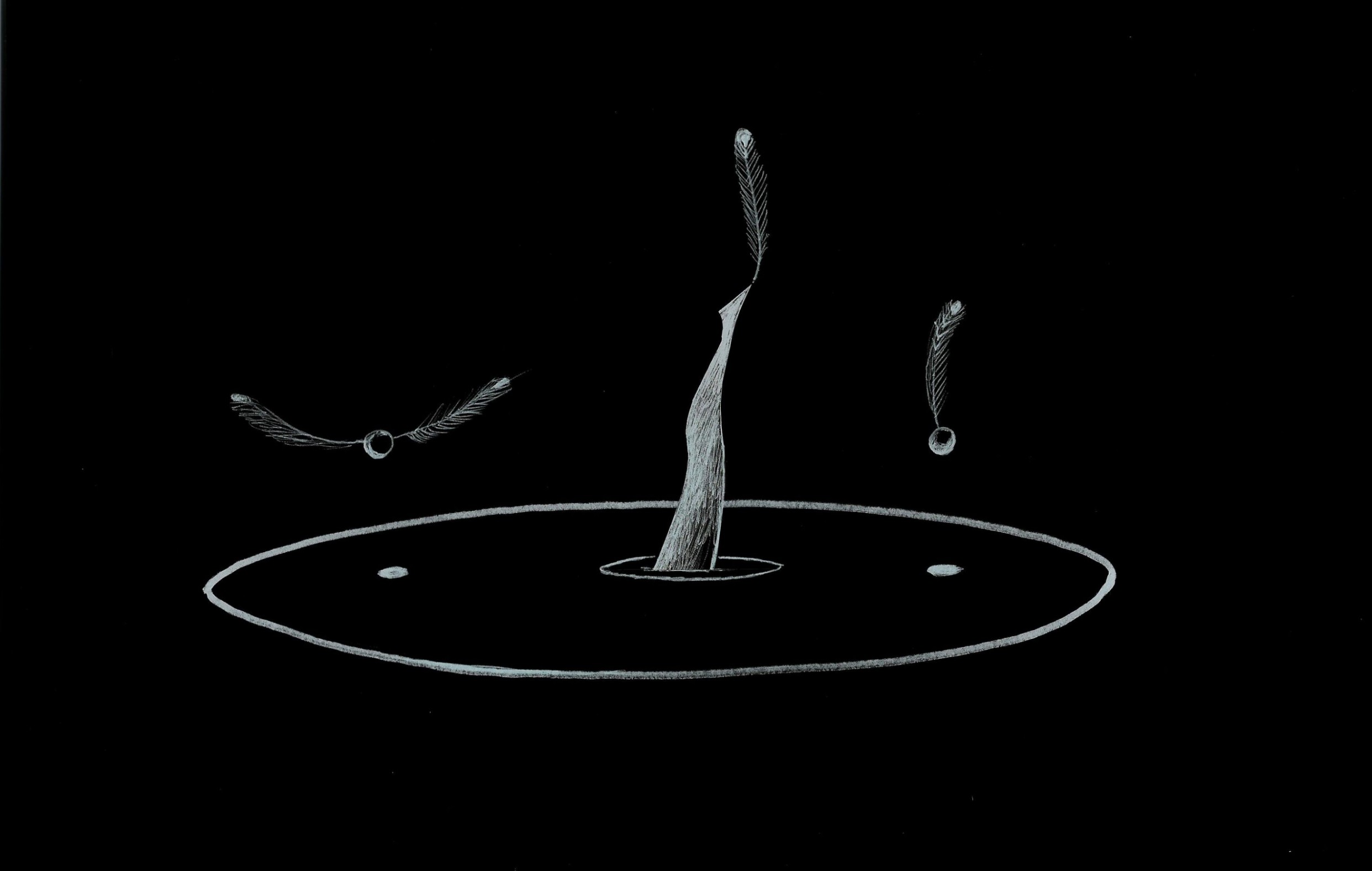 Dessin en blanc sur fond noir de deux balles plumes volantes avec une jambe pointé vers le ciel qui sort de la petite planète et tient une plume en équilibre